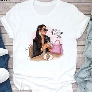 2/$45 NWT Coffee Time Fashion Graphic Tee White T-Shirt S